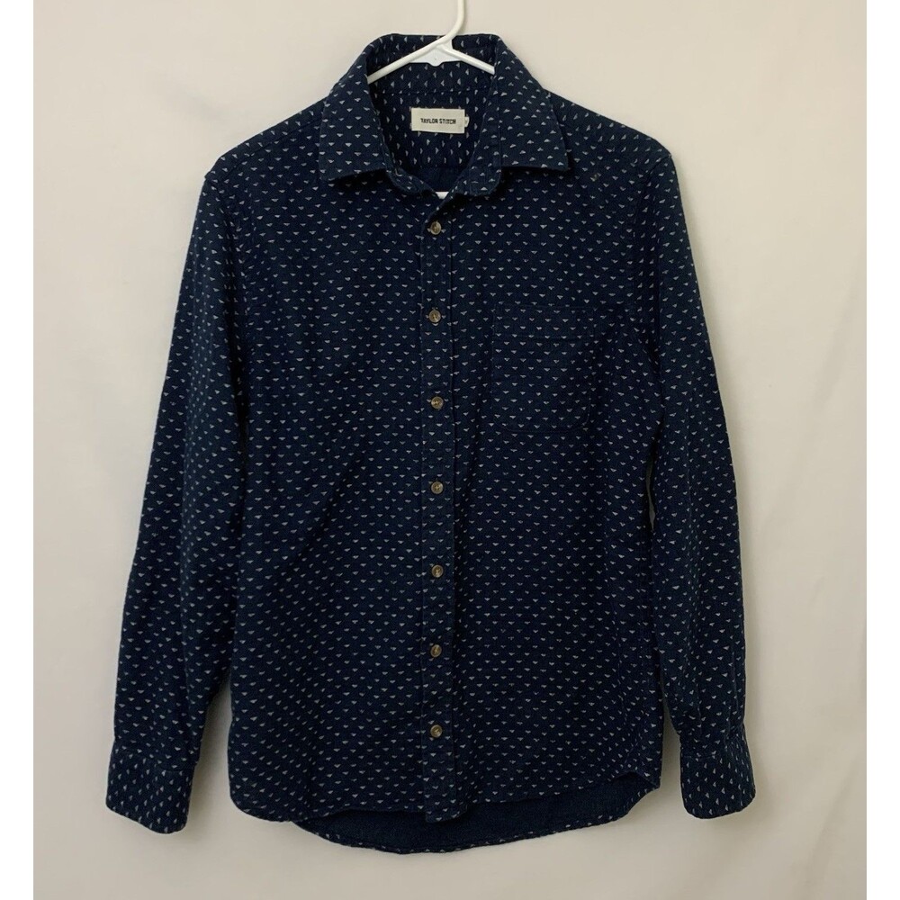 Taylor Stitch Men's Button Down Shirt Navy Cotton Size 38 Geo Print Long Sleeve